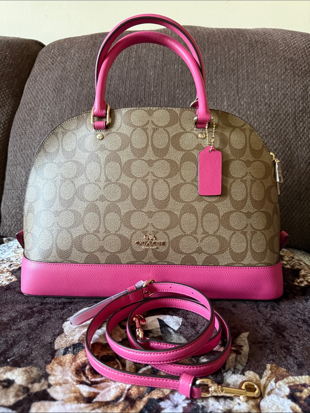 COACH Signature Coated Canvas Pink Large Sierra Gold-Tone Hardware Satchel Bag